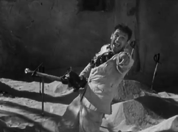 Ford briefly breaks the fourth wall a few times, though never as memorably as this triumphant dance by the Sergeant as he is flushed with victory. 