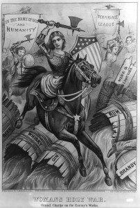 Woman's Holy War political cartoon that portrays the then-new temperance movement in action. 
